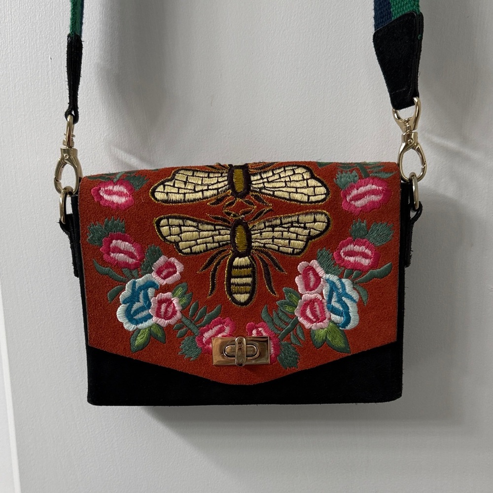 Free People Suede Multicolor Embroidered Crossbody Bag
